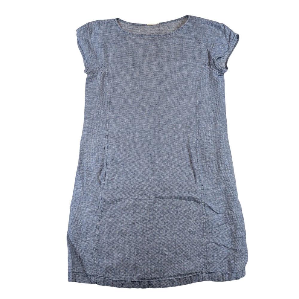 Eileen Fisher Blue Organic Linen Herringbone Shift Dress Pockets Womens XS